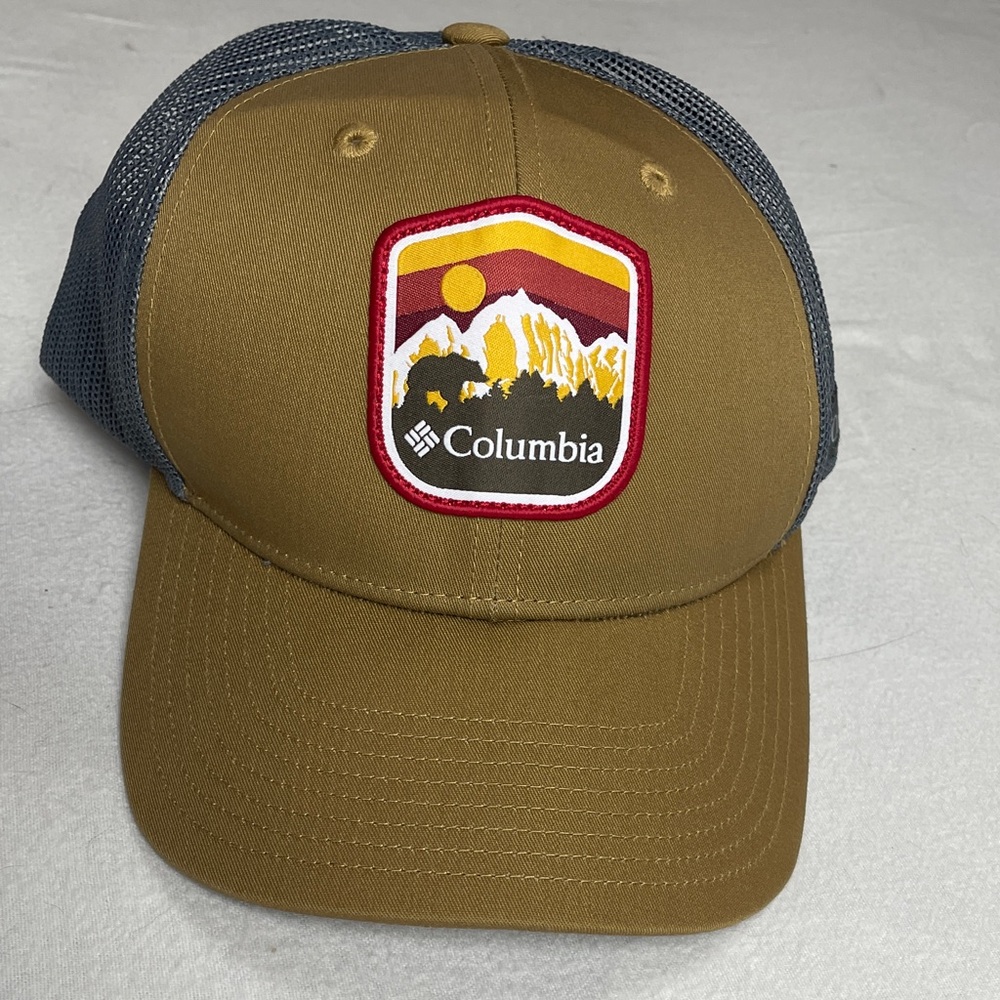 Columbia Snapback Hat Brown/Gray Mesh Back Mountain Patch Logo NWOT